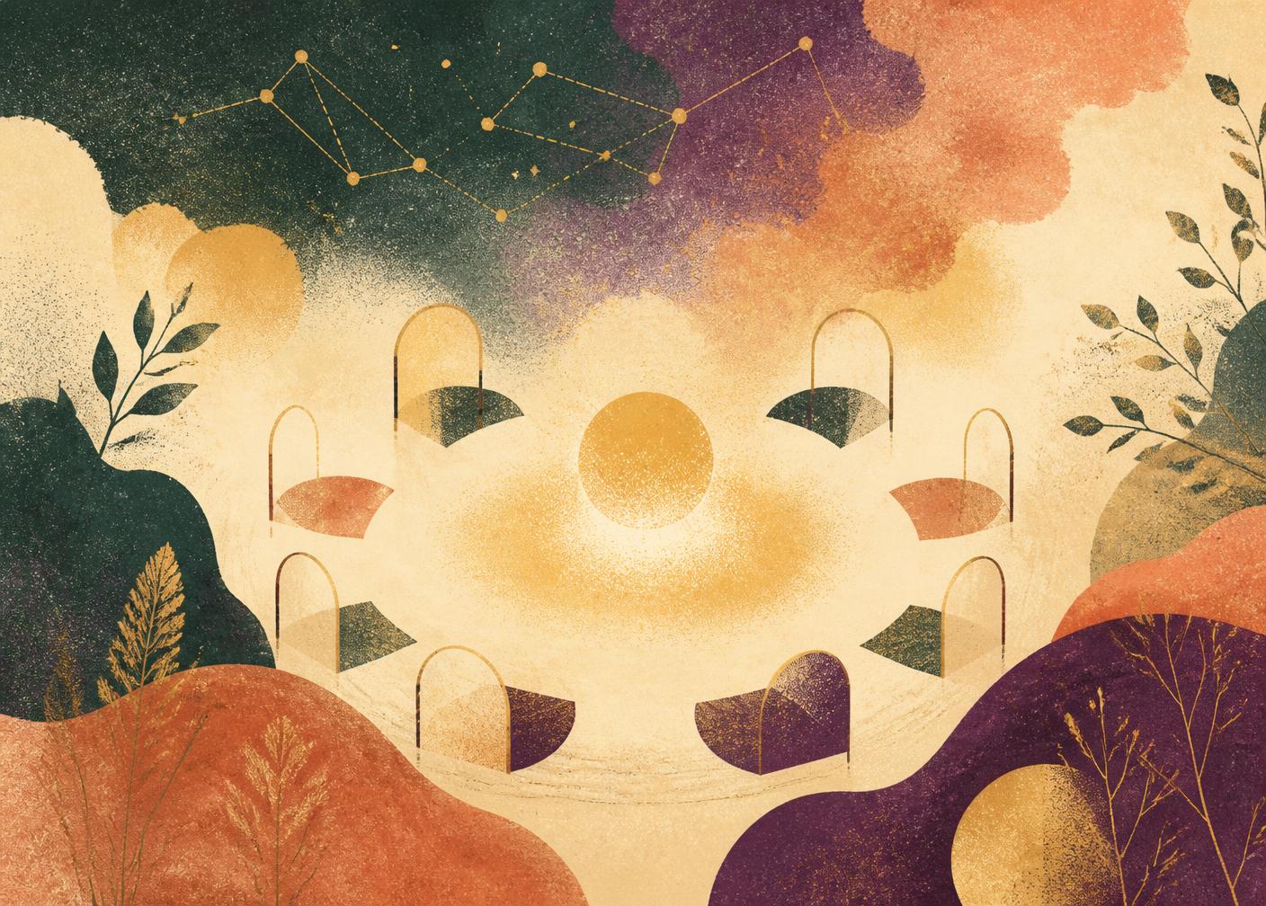 Abstract illustration of a circle of chairs around a glowing golden orb beneath constellations and soft nebula clouds