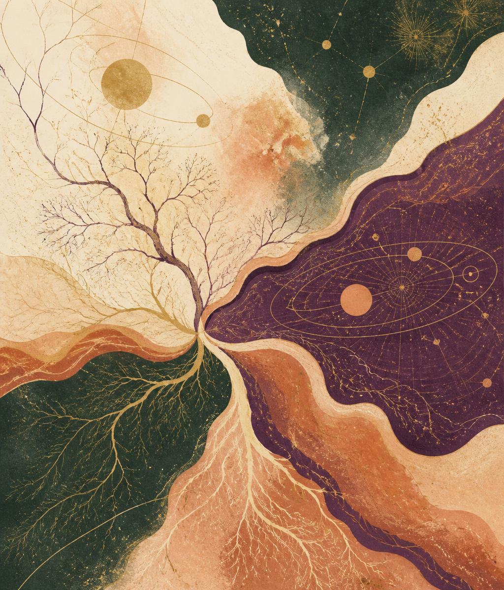 Abstract illustration of branching roots becoming star maps and orbital ellipses in plum, terracotta, and gold