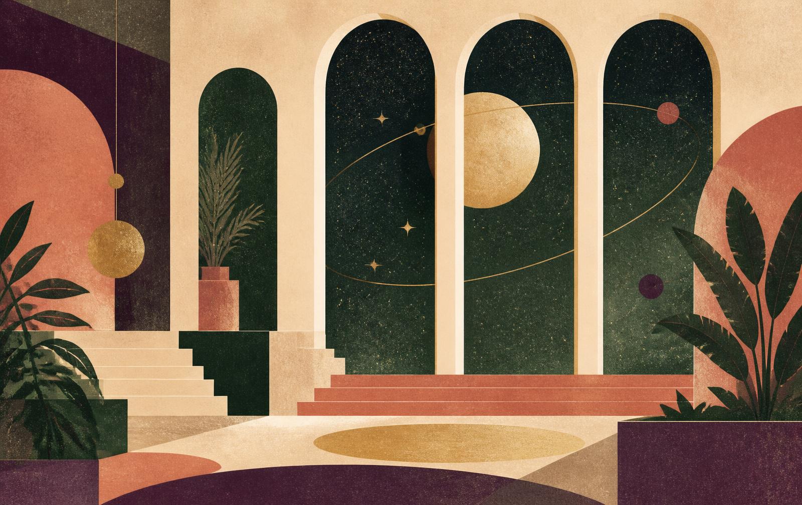 Illustration of an imagined gathering hall with tall arched windows opening onto a starfield, a golden moon, and plants